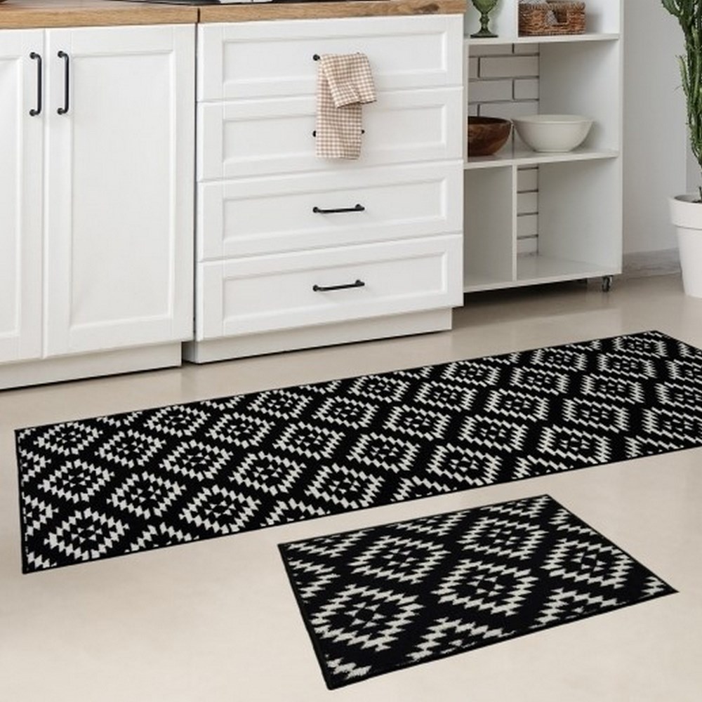 Deco Aztec Modern Washable Runner Mat in Black